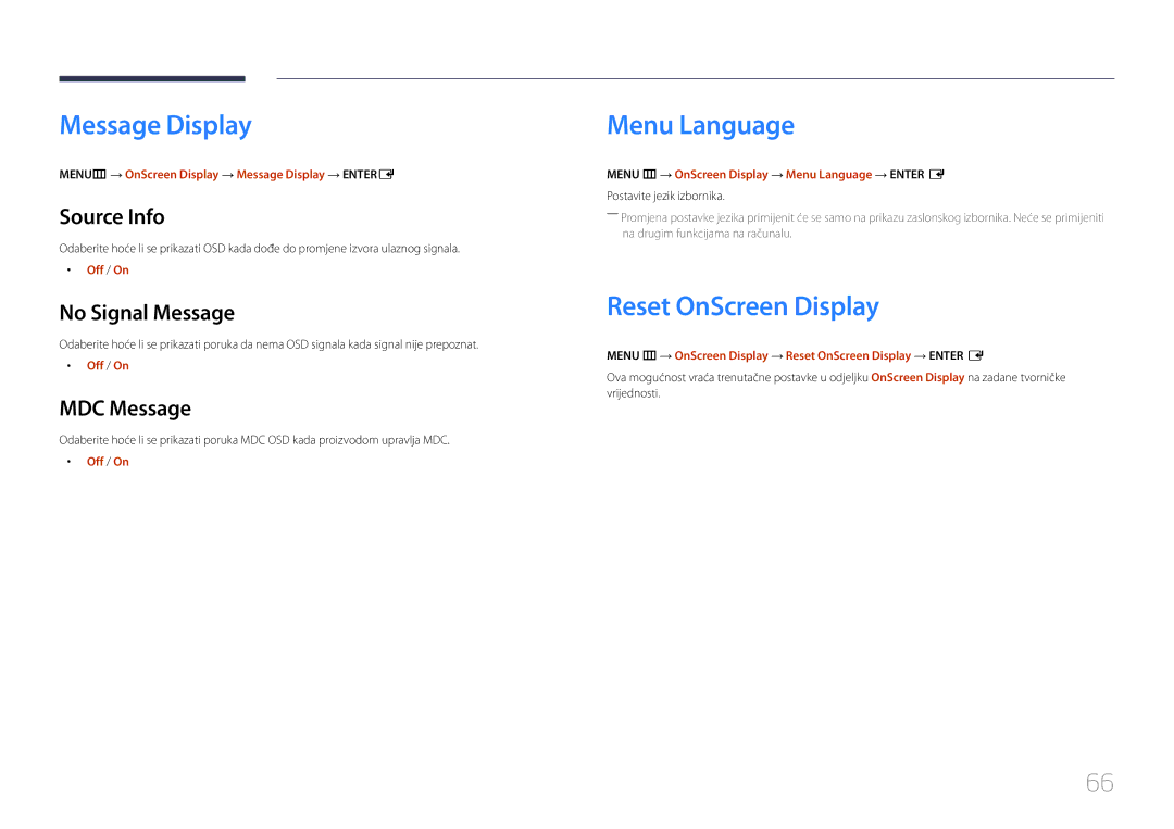 Samsung LH55UDEBLBB/EN, LH46UDEBLBB/EN, LH55UDEHLBB/EN manual Message Display, Menu Language, Reset OnScreen Display 