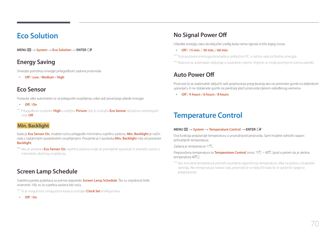 Samsung LH55UDEBLBB/EN, LH46UDEBLBB/EN, LH55UDEHLBB/EN, LH46UDECLBB/EN manual Eco Solution, Temperature Control 