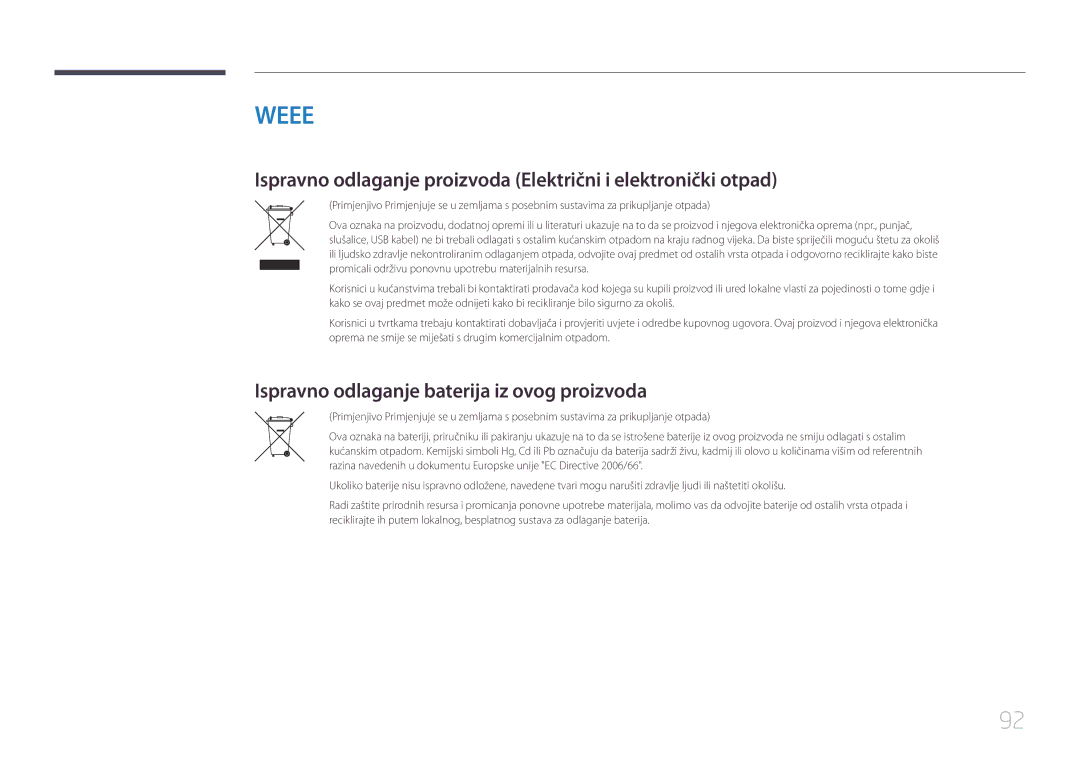 Samsung LH46UDEBLBB/EN, LH55UDEHLBB/EN, LH55UDEBLBB/EN manual Ispravno odlaganje proizvoda Električni i elektronički otpad 