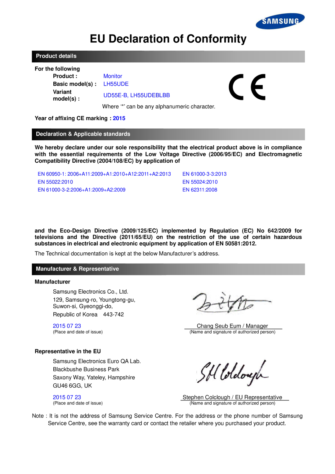 Samsung LH55UDEHLBB/EN, LH46UDEBLBB/EN, LH55UDEBLBB/EN manual EU Declaration of Conformity, UD55E-B, LH55UDEBLBB 