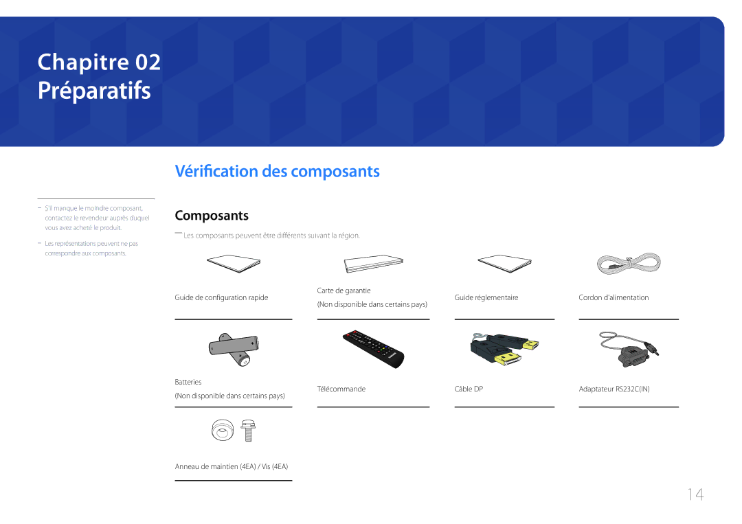 Samsung LH46UDECLBB/EN, LH46UDEBLBB/EN, LH55UDEHLBB/EN, LH55UDEBLBB/EN Préparatifs, Vérification des composants, Composants 