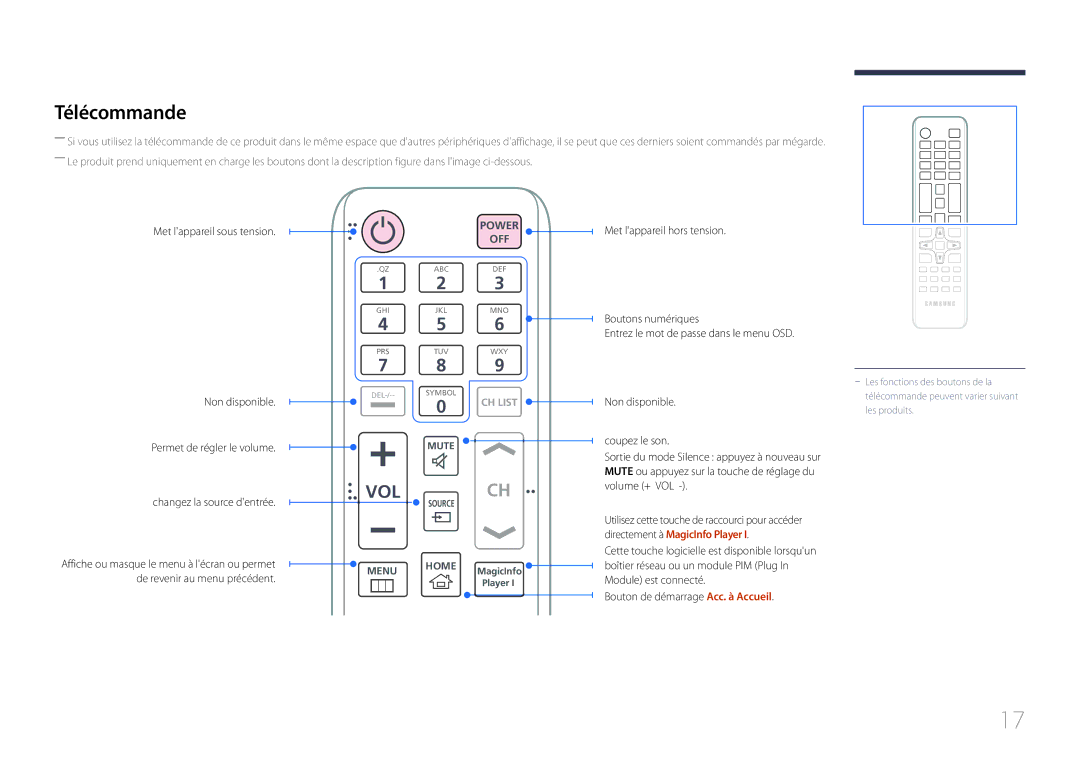 Samsung LH55UDEBLBB/EN, LH46UDEBLBB/EN, LH55UDEHLBB/EN, LH46UDEHLBB/EN, LH46UDECLBB/EN manual Télécommande, Vol 