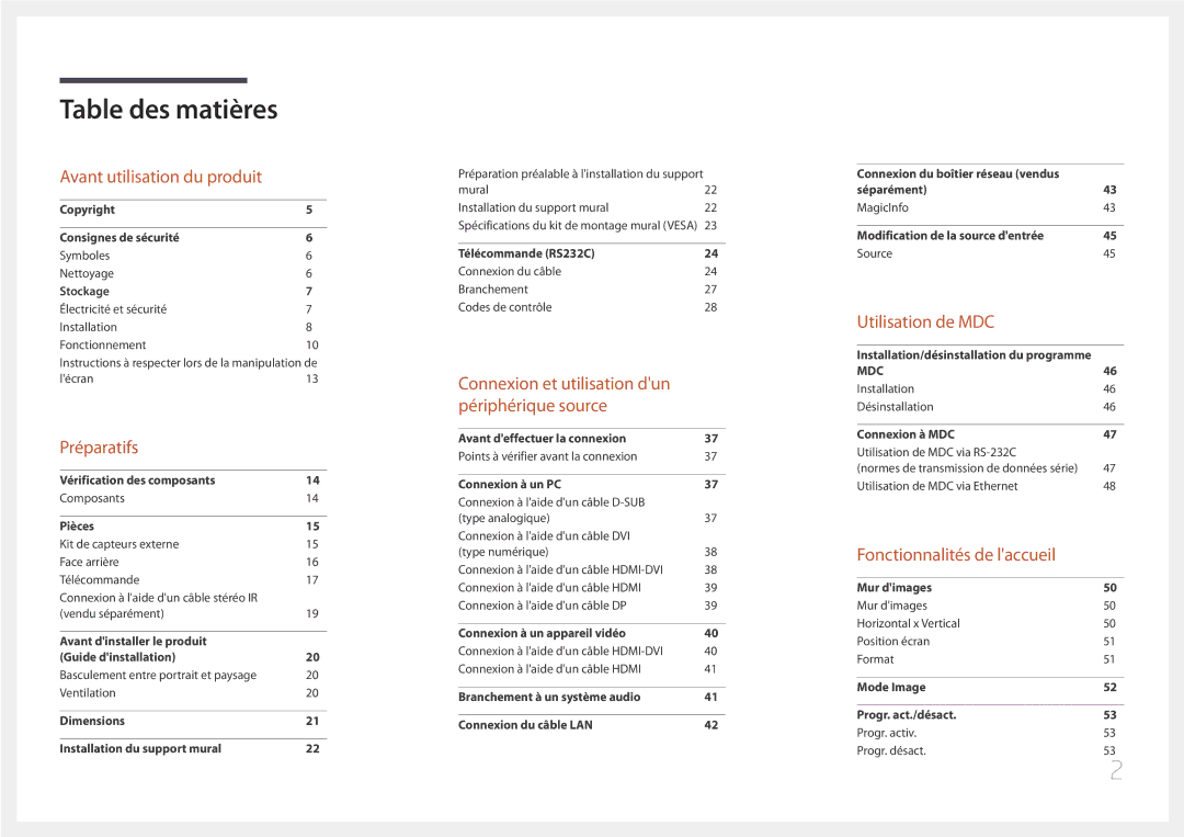 Samsung LH55UDEBLBB/EN, LH46UDEBLBB/EN, LH55UDEHLBB/EN, LH46UDEHLBB/EN, LH46UDECLBB/EN manual Table des matières 