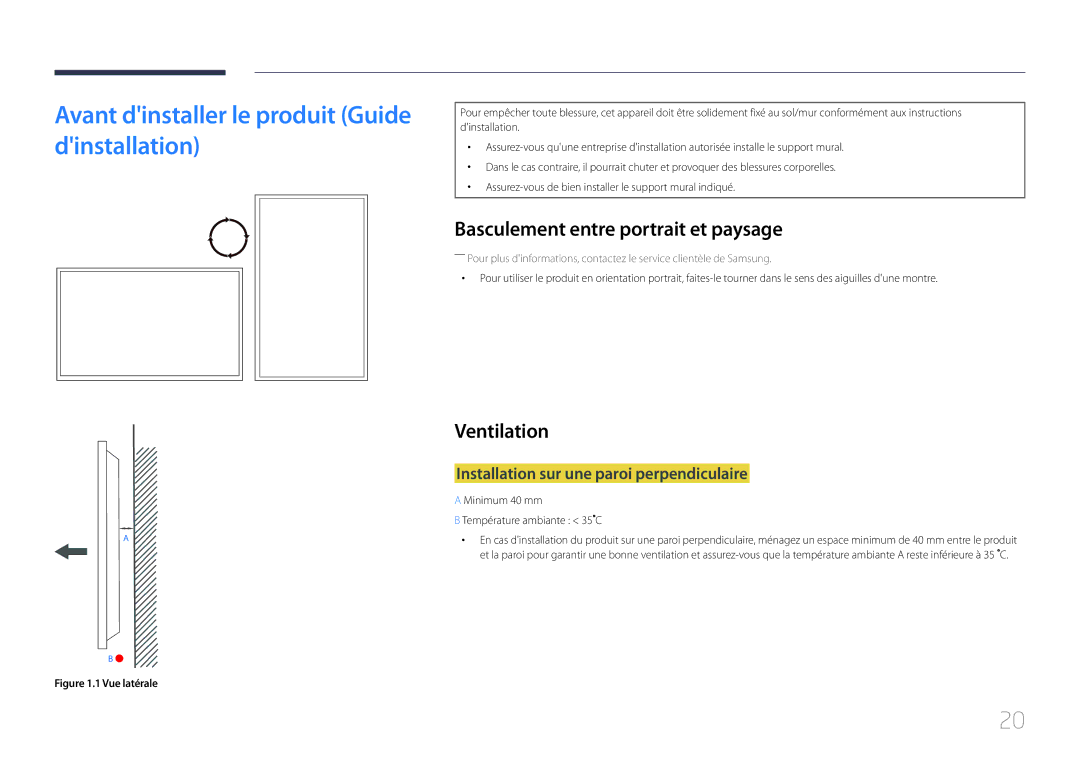 Samsung LH46UDEBLBB/EN Avant dinstaller le produit Guide dinstallation, Basculement entre portrait et paysage, Ventilation 