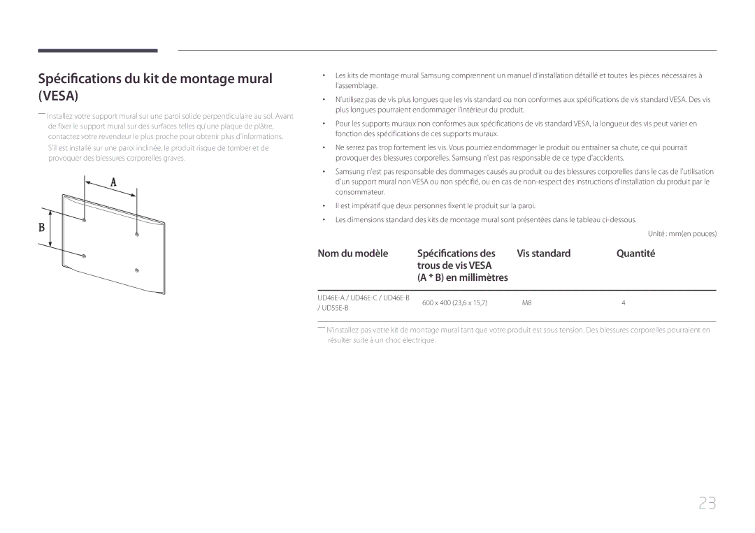 Samsung LH46UDEHLBB/EN, LH46UDEBLBB/EN, LH55UDEHLBB/EN manual Spécifications du kit de montage mural Vesa, En millimètres 