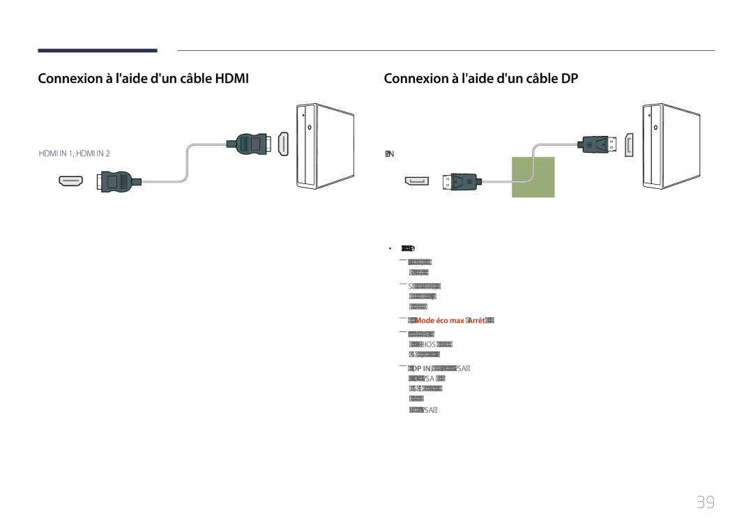 Samsung LH46UDECLBB/EN, LH46UDEBLBB/EN, LH55UDEHLBB/EN Connexion à laide dun câble Hdmi, Connexion à laide dun câble DP 