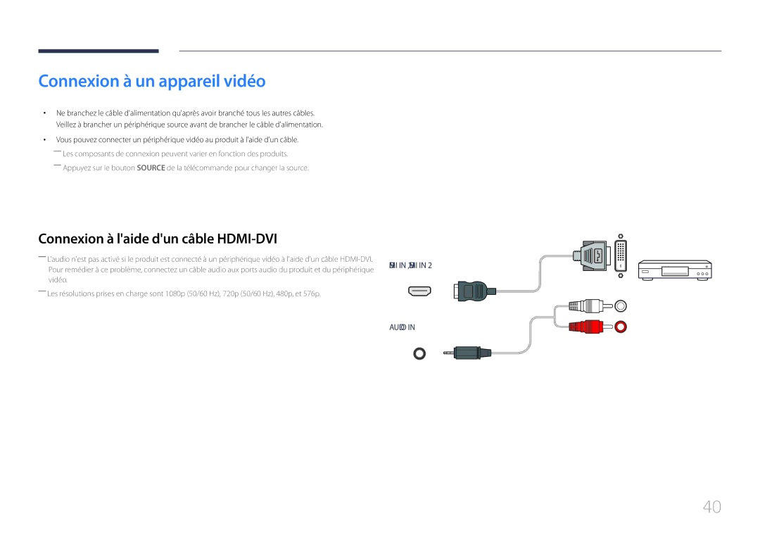 Samsung LH46UDEBLBB/EN, LH55UDEHLBB/EN, LH55UDEBLBB/EN Connexion à un appareil vidéo, Connexion à laide dun câble HDMI-DVI 