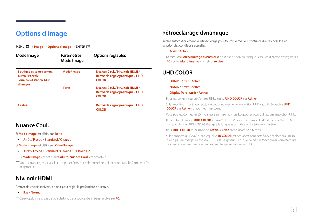 Samsung LH55UDEHLBB/EN, LH46UDEBLBB/EN manual Options dimage, Nuance Coul, Niv. noir Hdmi, Rétroéclairage dynamique 