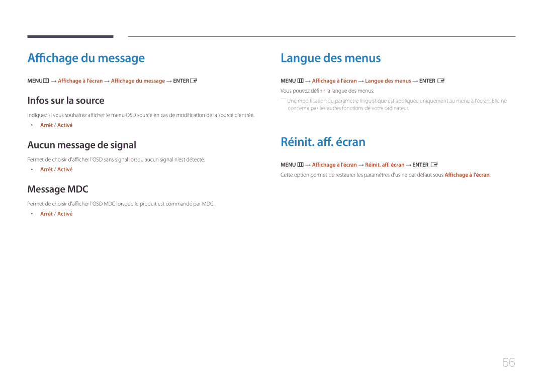 Samsung LH55UDEHLBB/EN, LH46UDEBLBB/EN, LH55UDEBLBB/EN manual Affichage du message, Langue des menus, Réinit. aff. écran 