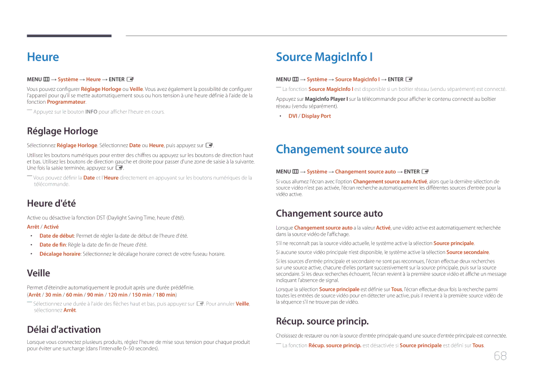 Samsung LH46UDEHLBB/EN, LH46UDEBLBB/EN, LH55UDEHLBB/EN, LH55UDEBLBB/EN manual Heure, Source MagicInfo, Changement source auto 