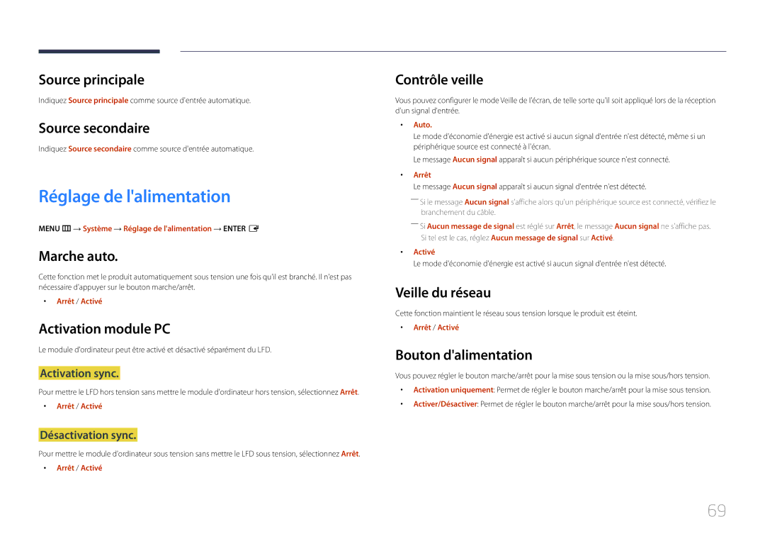 Samsung LH46UDECLBB/EN, LH46UDEBLBB/EN, LH55UDEHLBB/EN, LH55UDEBLBB/EN, LH46UDEHLBB/EN manual Réglage de lalimentation 