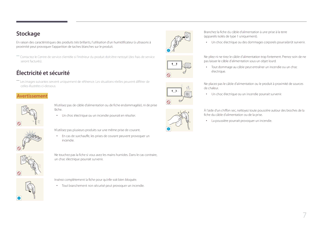 Samsung LH55UDEBLBB/EN, LH46UDEBLBB/EN, LH55UDEHLBB/EN, LH46UDEHLBB/EN, LH46UDECLBB/EN manual Stockage, Électricité et sécurité 