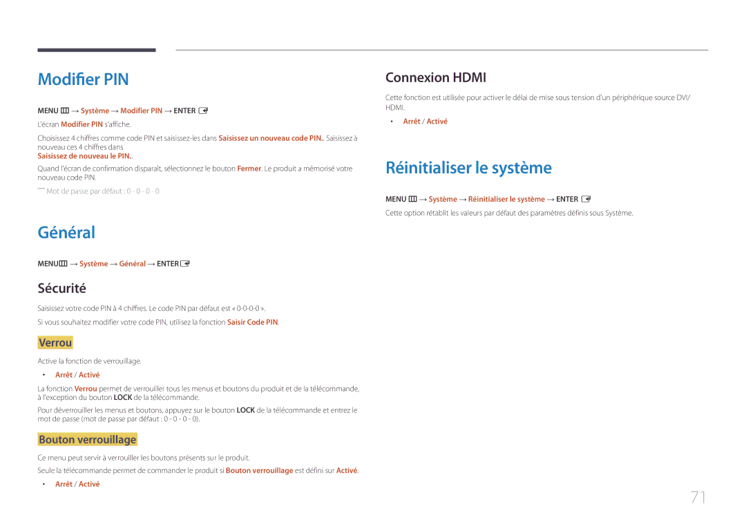 Samsung LH55UDEHLBB/EN, LH46UDEBLBB/EN manual Modifier PIN, Général, Réinitialiser le système, Sécurité, Connexion Hdmi 