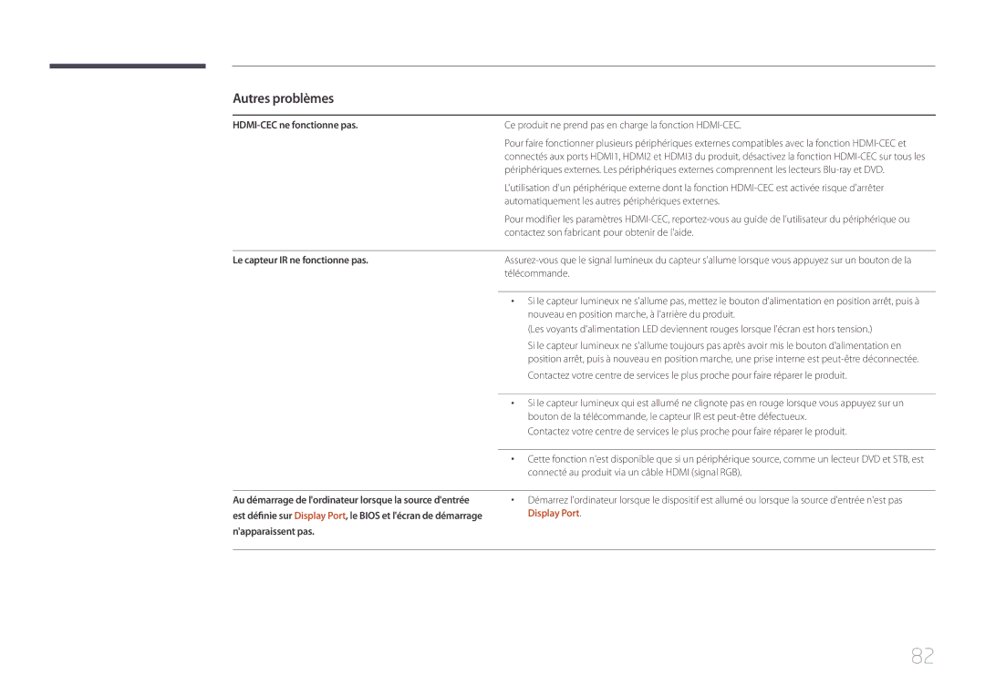 Samsung LH55UDEBLBB/EN HDMI-CEC ne fonctionne pas, Ce produit ne prend pas en charge la fonction HDMI-CEC, Display Port 