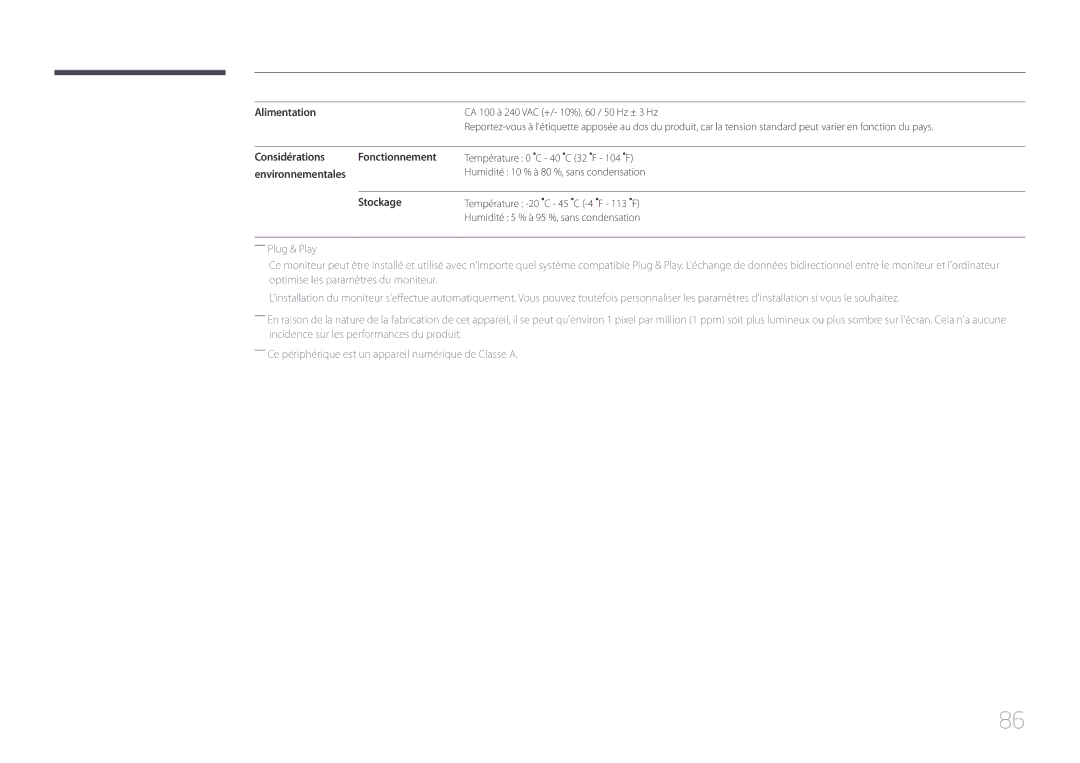 Samsung LH55UDEHLBB/EN, LH46UDEBLBB/EN, LH55UDEBLBB/EN, LH46UDEHLBB/EN Alimentation, Considérations Fonctionnement, Stockage 