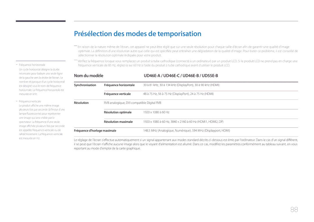 Samsung LH46UDEHLBB/EN, LH46UDEBLBB/EN manual Présélection des modes de temporisation, UD46E-A / UD46E-C / UD46E-B / UD55E-B 