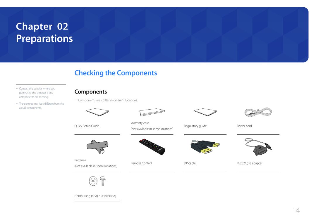 Samsung LH46UDECLBB/XV, LH46UDEBLBB/EN, LH55UDEHLBB/EN, LH55UDEBLBB/EN Preparations, Checking the Components, Remote Control 