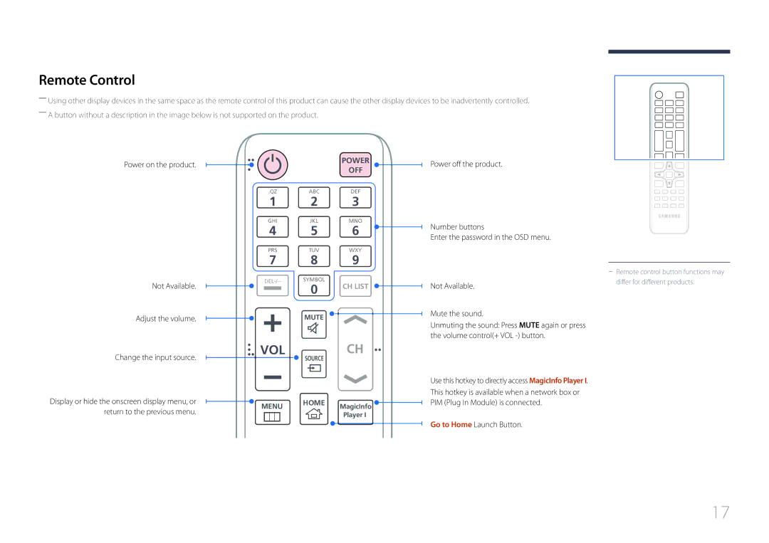 Samsung LH46UDEBLBB/XY manual Remote Control, Power on the product Not Available Adjust the volume, Change the input source 