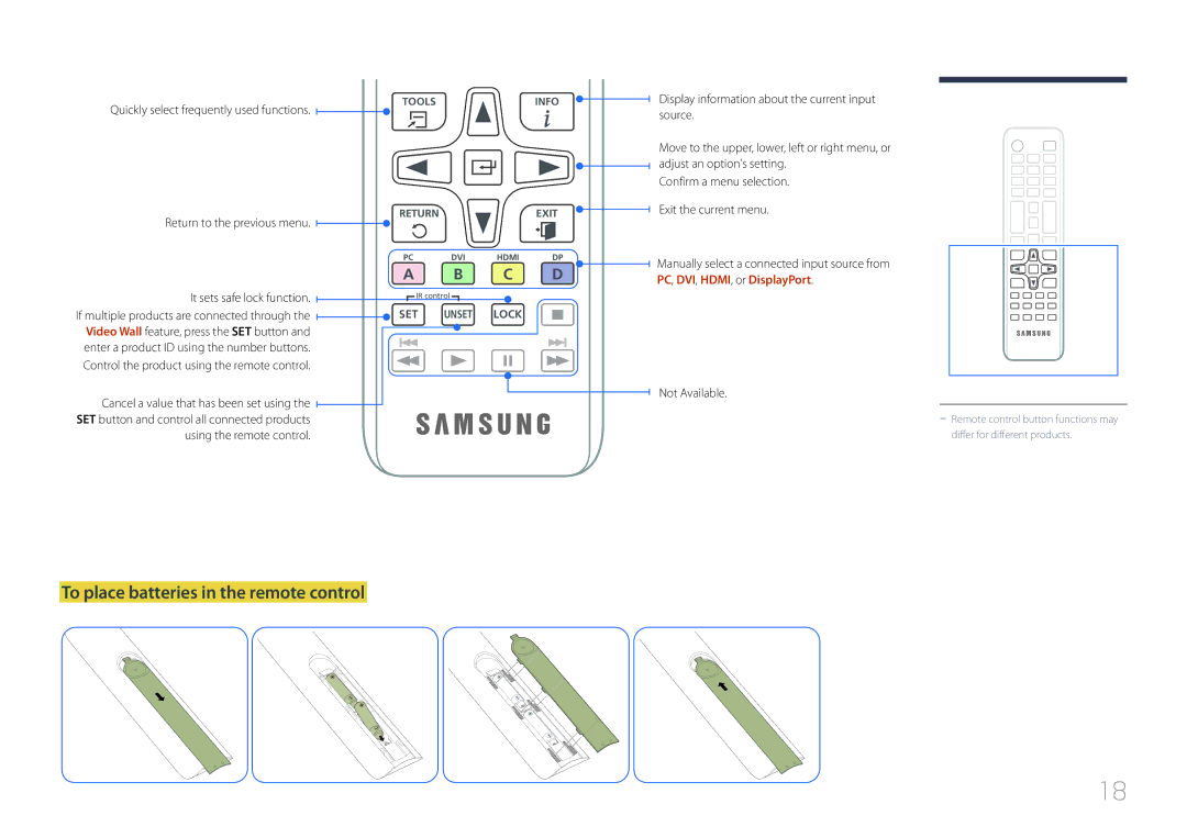 Samsung LH55UDEBLBB/XV, LH46UDEBLBB/EN To place batteries in the remote control, Quickly select frequently used functions 