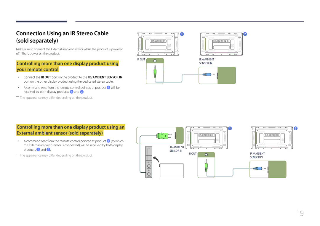 Samsung LH46UDEHLBB/XV, LH46UDEBLBB/EN, LH55UDEHLBB/EN, LH55UDEBLBB/EN Connection Using an IR Stereo Cable sold separately 