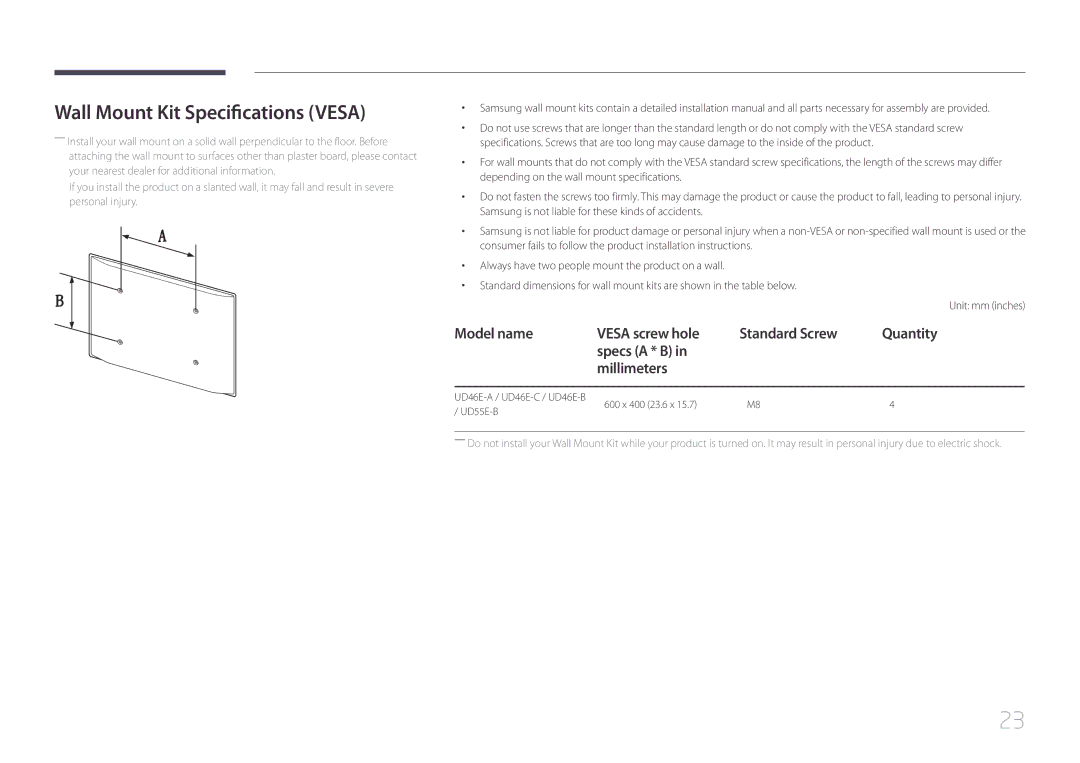 Samsung LH46UDEHLBB/UE, LH46UDEBLBB/EN, LH55UDEHLBB/EN, LH55UDEBLBB/EN, LH46UDEHLBB/EN Wall Mount Kit Specifications Vesa 