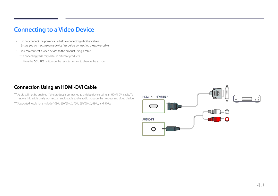 Samsung LH46UDECLBB/XV, LH46UDEBLBB/EN, LH55UDEHLBB/EN, LH55UDEBLBB/EN, LH46UDEHLBB/EN manual Connecting to a Video Device 