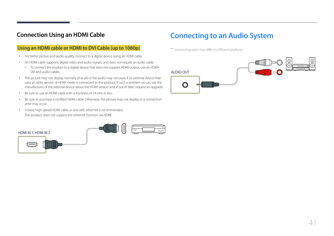 Samsung LH55UDEBLBB/XL, LH46UDEBLBB/EN Connecting to an Audio System, Using an Hdmi cable or Hdmi to DVI Cable up to 1080p 