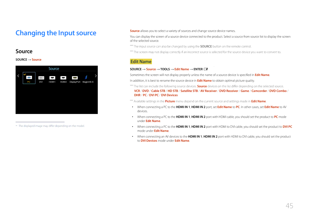 Samsung LH46UDEHLBB/XV, LH46UDEBLBB/EN, LH55UDEHLBB/EN manual Changing the Input source, Edit Name, Source → Source 