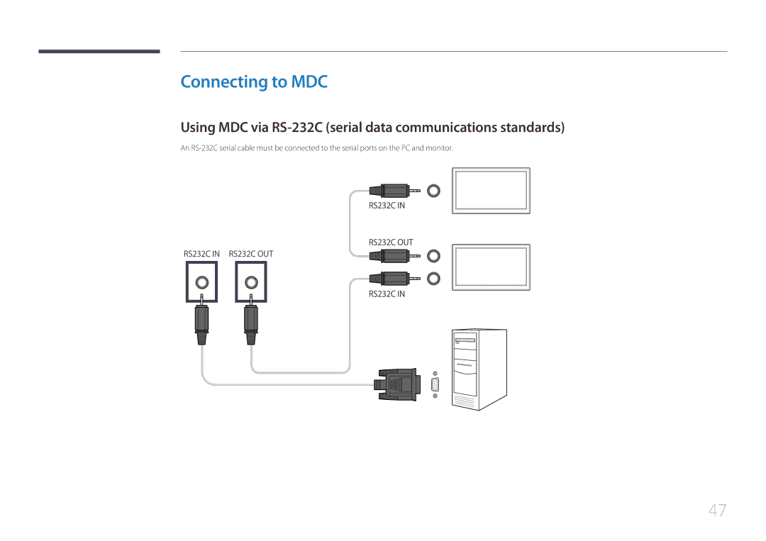 Samsung LH55UDEBLBB/XY, LH46UDEBLBB/EN manual Connecting to MDC, Using MDC via RS-232C serial data communications standards 