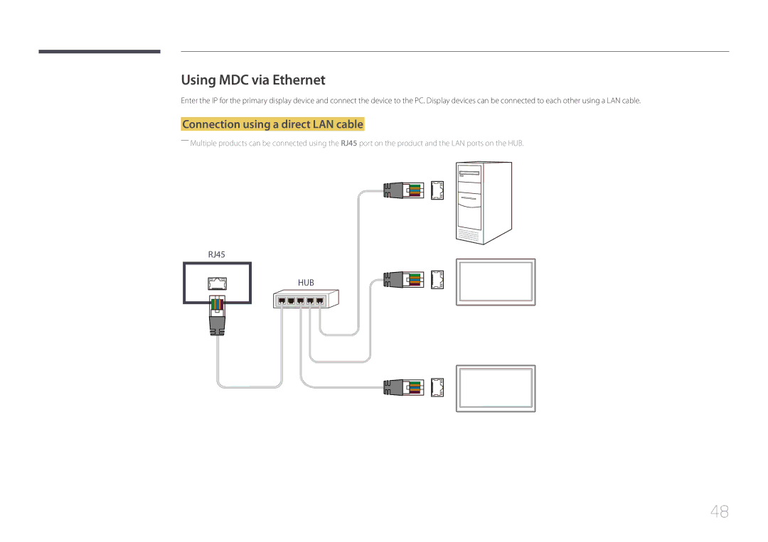 Samsung LH46UDECLBB/CH, LH46UDEBLBB/EN, LH55UDEHLBB/EN manual Using MDC via Ethernet, Connection using a direct LAN cable 