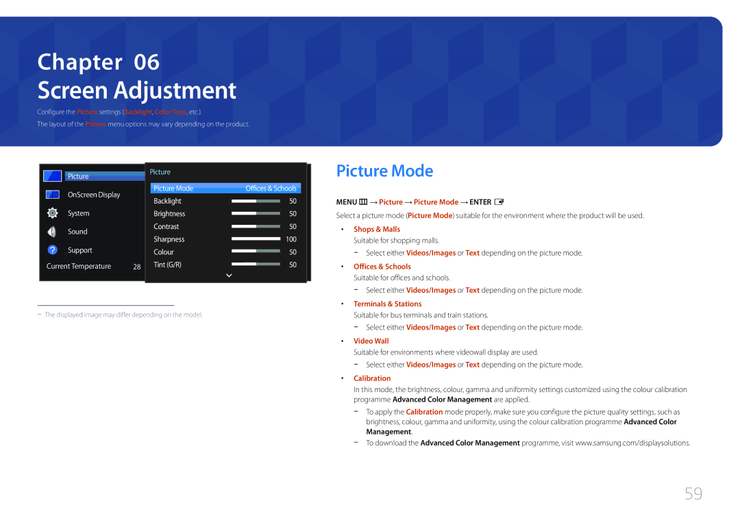 Samsung LH46UDECLBB/NG Screen Adjustment, Menu m → Picture → Picture Mode → Enter E, Shops & Malls, Offices & Schools 