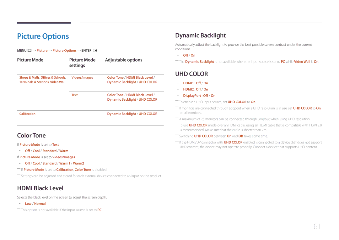 Samsung LH55UDEHLBB/UE, LH46UDEBLBB/EN, LH55UDEHLBB/EN Picture Options, Color Tone, Hdmi Black Level, Dynamic Backlight 