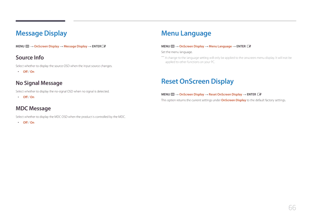 Samsung LH46UDECLBB/XV, LH46UDEBLBB/EN, LH55UDEHLBB/EN manual Message Display, Menu Language, Reset OnScreen Display 