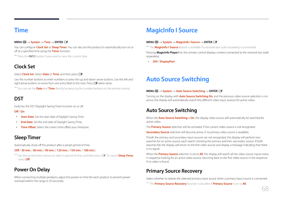 Samsung LH55UDEHLBB/XY, LH46UDEBLBB/EN, LH55UDEHLBB/EN, LH55UDEBLBB/EN manual Time, MagicInfo I Source, Auto Source Switching 