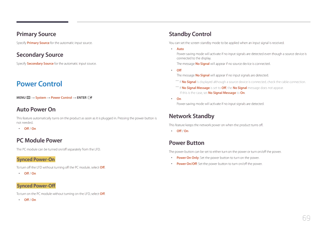 Samsung LH46UDEBLBB/XY, LH46UDEBLBB/EN, LH55UDEHLBB/EN, LH55UDEBLBB/EN, LH46UDEHLBB/EN, LH46UDECLBB/EN manual Power Control 