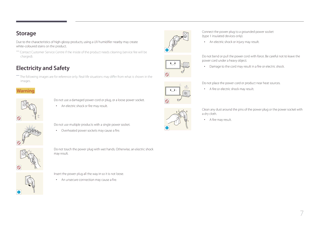 Samsung LH46UDECLBB/NG, LH46UDEBLBB/EN, LH55UDEHLBB/EN, LH55UDEBLBB/EN, LH46UDEHLBB/EN manual Storage, Electricity and Safety 