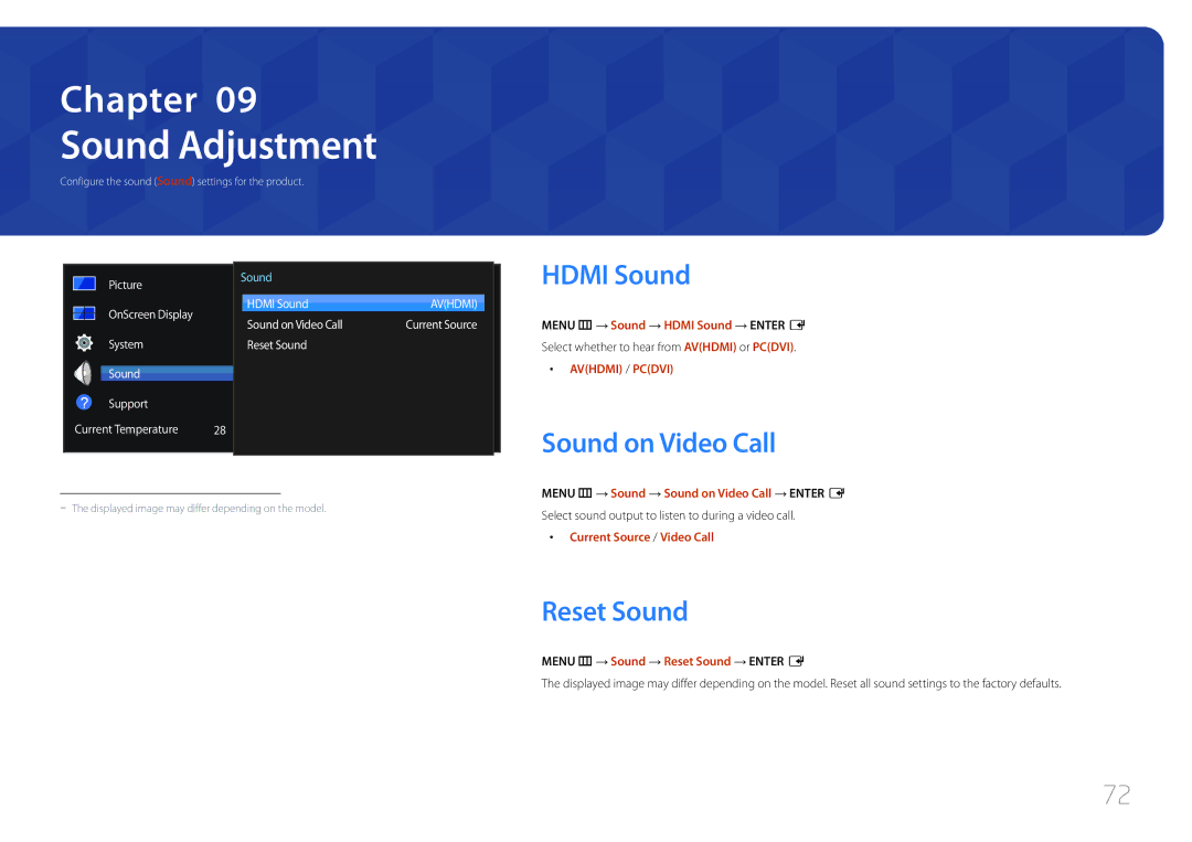 Samsung LH55UDEHLBB/XV, LH46UDEBLBB/EN, LH55UDEHLBB/EN manual Sound Adjustment, Hdmi Sound, Sound on Video Call, Reset Sound 