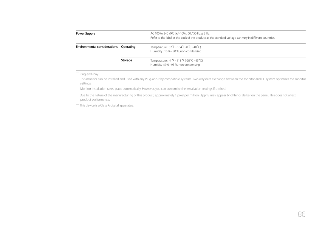 Samsung LH46UDEBLBB/NG, LH46UDEBLBB/EN, LH55UDEHLBB/EN manual Power Supply, Environmental considerations Operating, Storage 