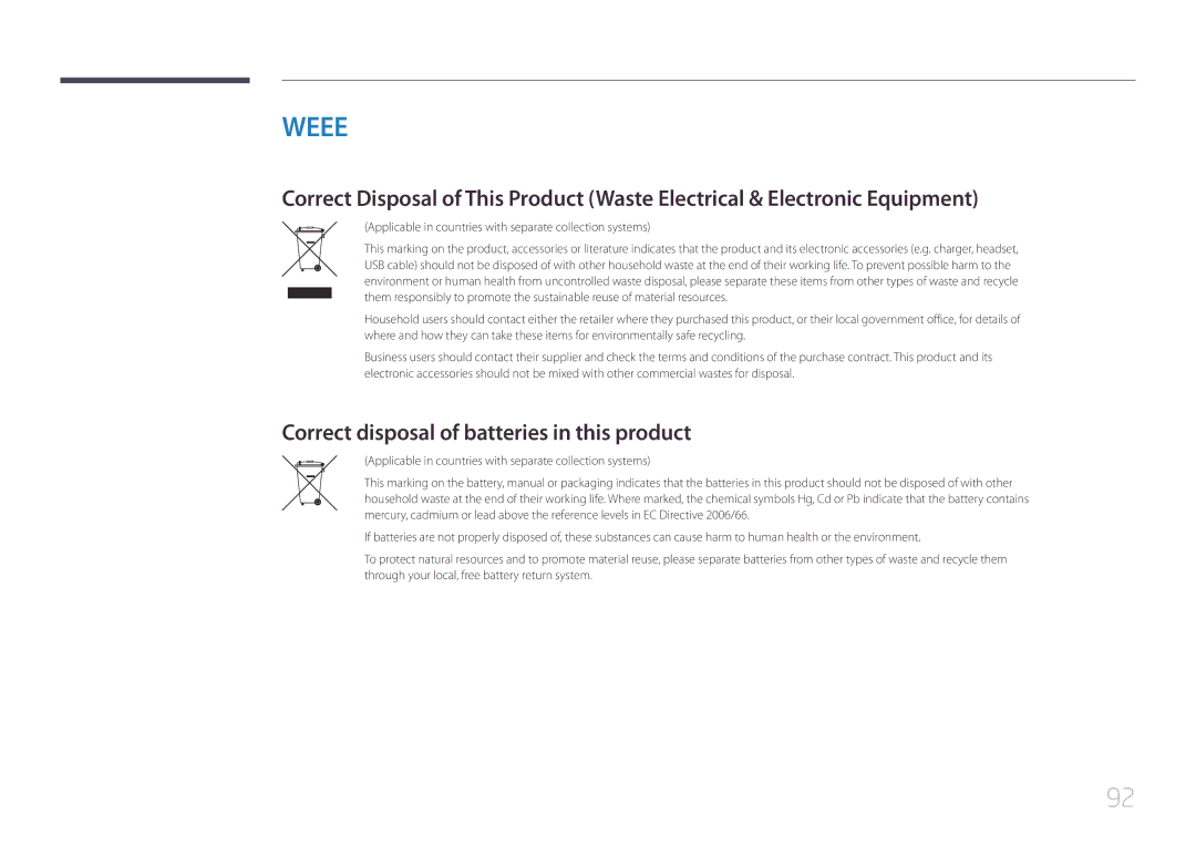 Samsung LH46UDECLBB/XV, LH46UDEBLBB/EN, LH55UDEHLBB/EN, LH55UDEBLBB/EN manual Correct disposal of batteries in this product 