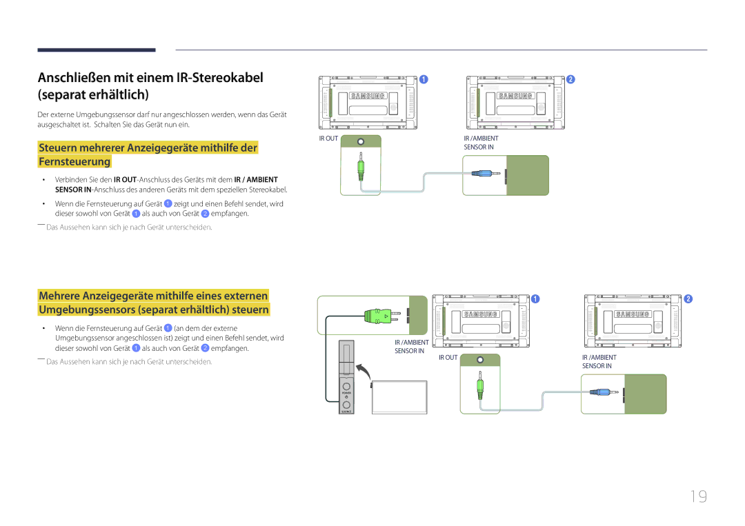 Samsung LH46UDECLBB/EN, LH46UDEBLBB/EN, LH55UDEHLBB/EN manual Anschließen mit einem IR-Stereokabel separat erhältlich 