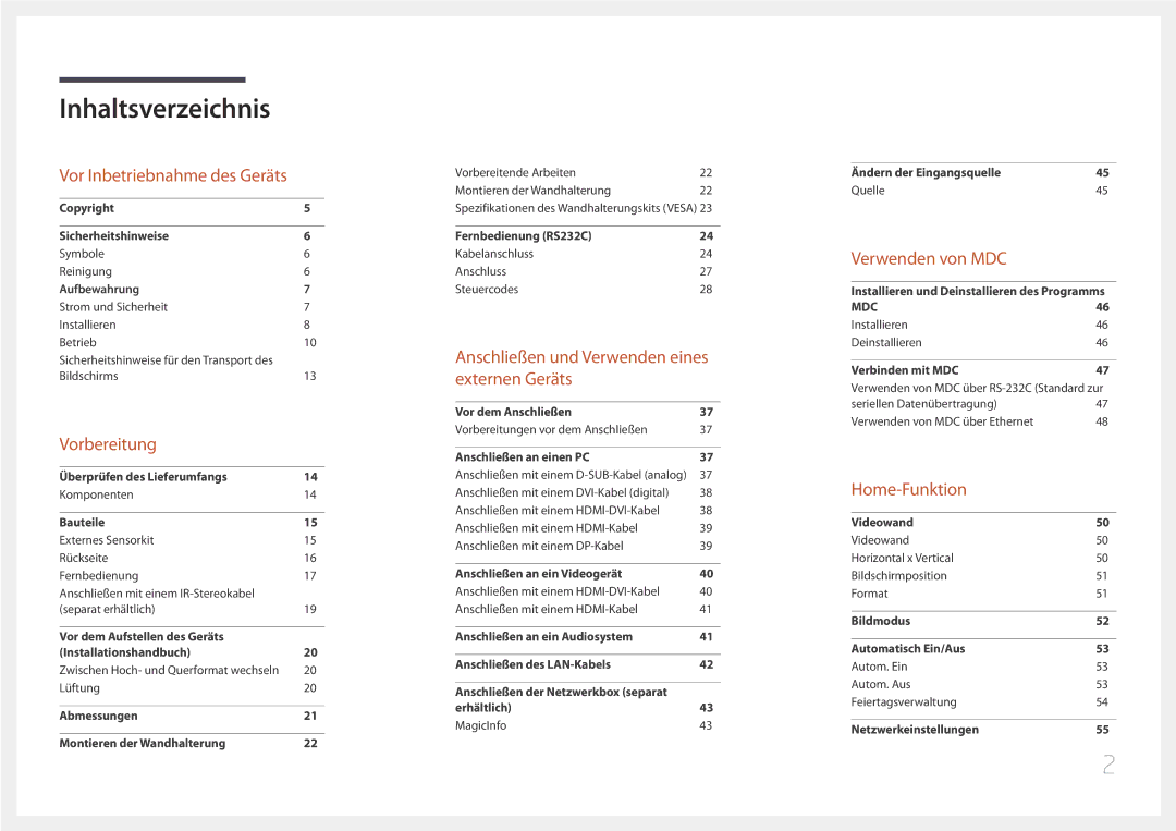 Samsung LH55UDEBLBB/EN, LH46UDEBLBB/EN, LH55UDEHLBB/EN, LH46UDEHLBB/EN, LH46UDECLBB/EN manual Inhaltsverzeichnis 