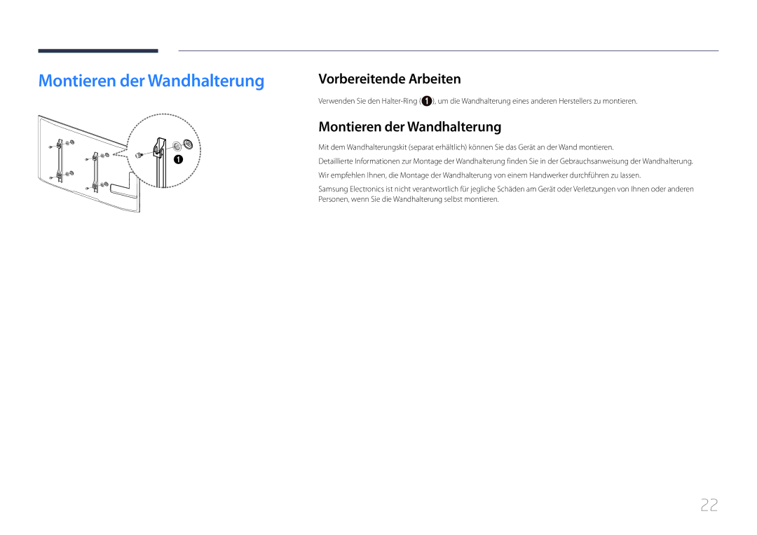 Samsung LH55UDEBLBB/EN, LH46UDEBLBB/EN, LH55UDEHLBB/EN, LH46UDEHLBB/EN Montieren der Wandhalterung, Vorbereitende Arbeiten 