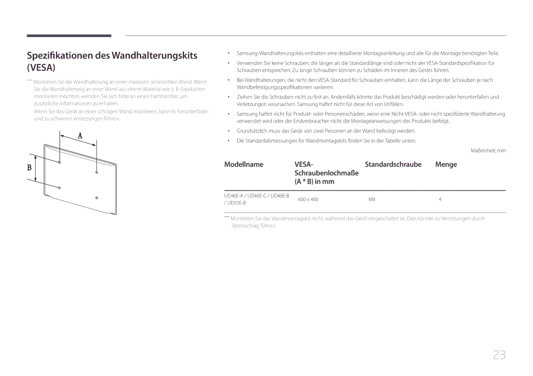 Samsung LH46UDEHLBB/EN, LH46UDEBLBB/EN, LH55UDEHLBB/EN, LH55UDEBLBB/EN Spezifikationen des Wandhalterungskits Vesa, Menge 