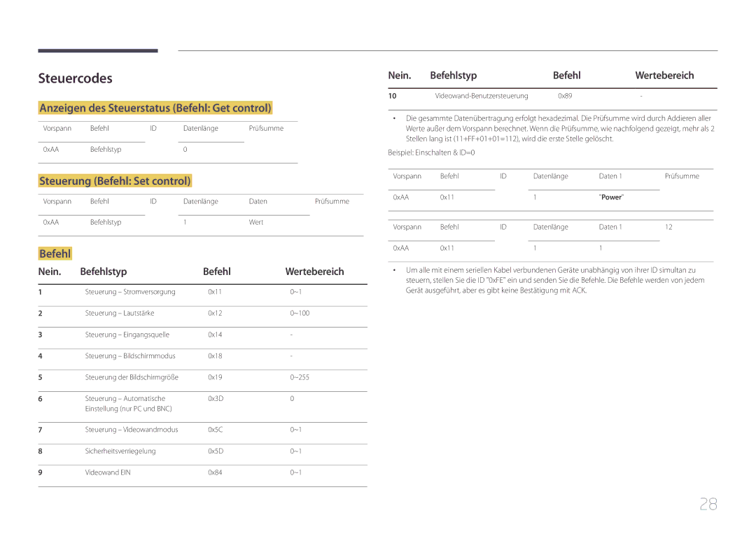 Samsung LH46UDEHLBB/EN manual Steuercodes, Anzeigen des Steuerstatus Befehl Get control, Steuerung Befehl Set control 