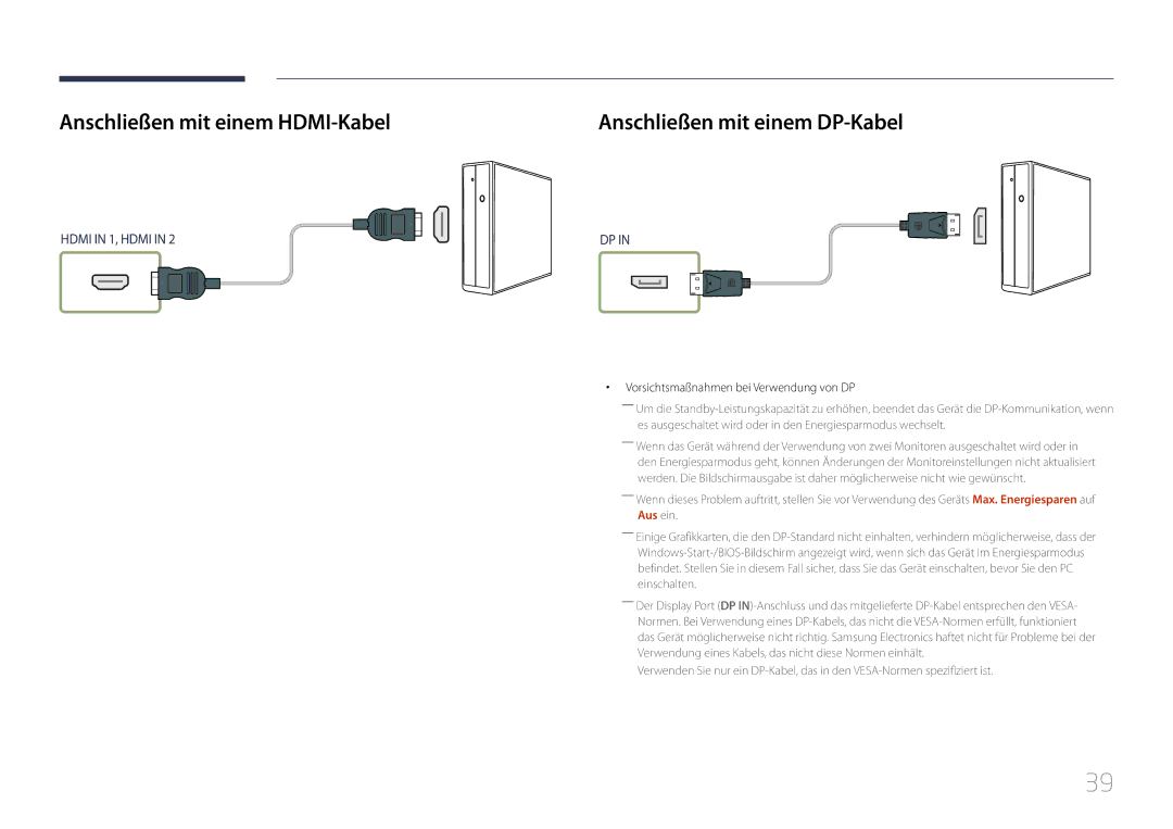 Samsung LH46UDECLBB/EN, LH46UDEBLBB/EN, LH55UDEHLBB/EN Anschließen mit einem HDMI-Kabel, Anschließen mit einem DP-Kabel 