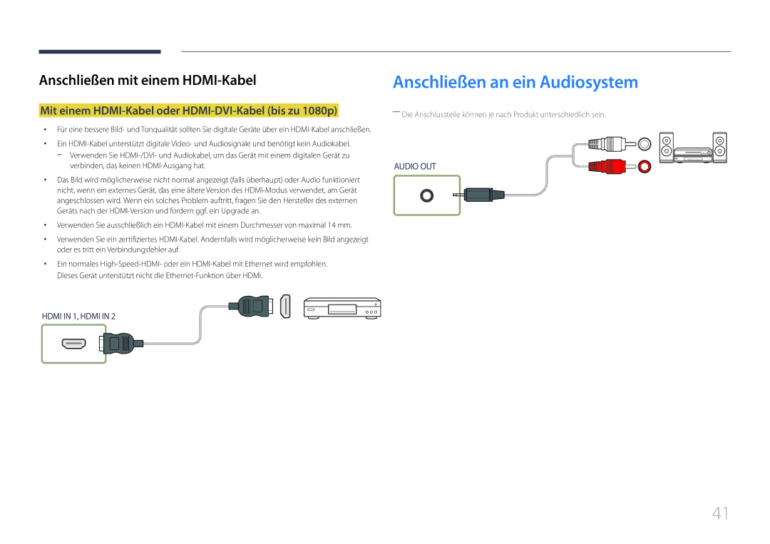 Samsung LH55UDEHLBB/EN manual Anschließen an ein Audiosystem, Mit einem HDMI-Kabel oder HDMI-DVI-Kabel bis zu 1080p 