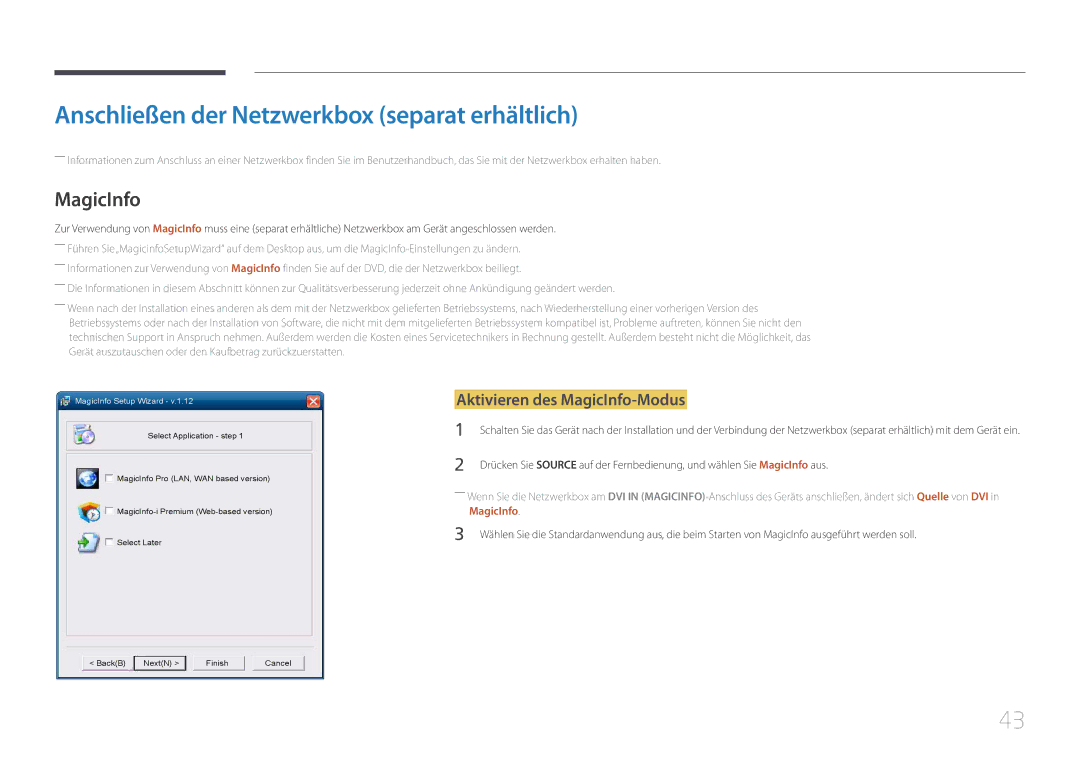 Samsung LH46UDEHLBB/EN, LH46UDEBLBB/EN Anschließen der Netzwerkbox separat erhältlich, Aktivieren des MagicInfo-Modus 