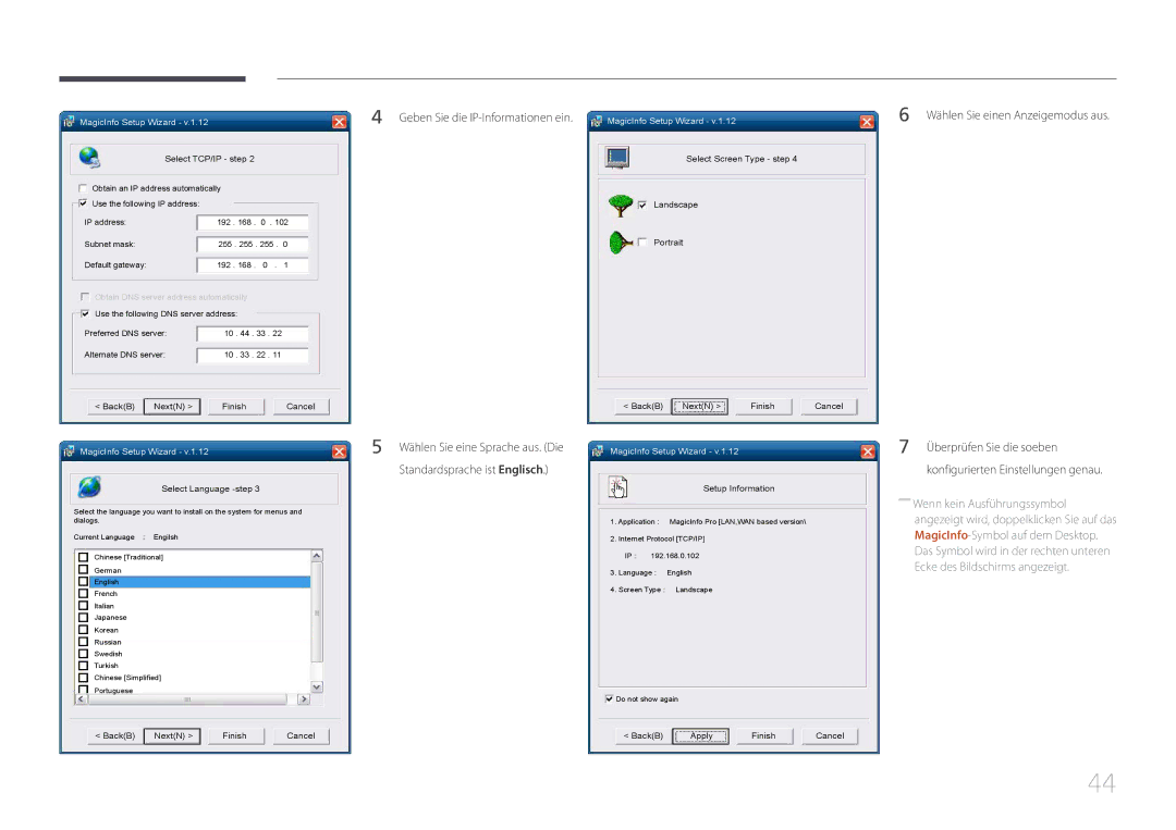 Samsung LH46UDECLBB/EN, LH46UDEBLBB/EN manual Geben Sie die IP-Informationen ein, Wählen Sie einen Anzeigemodus aus 