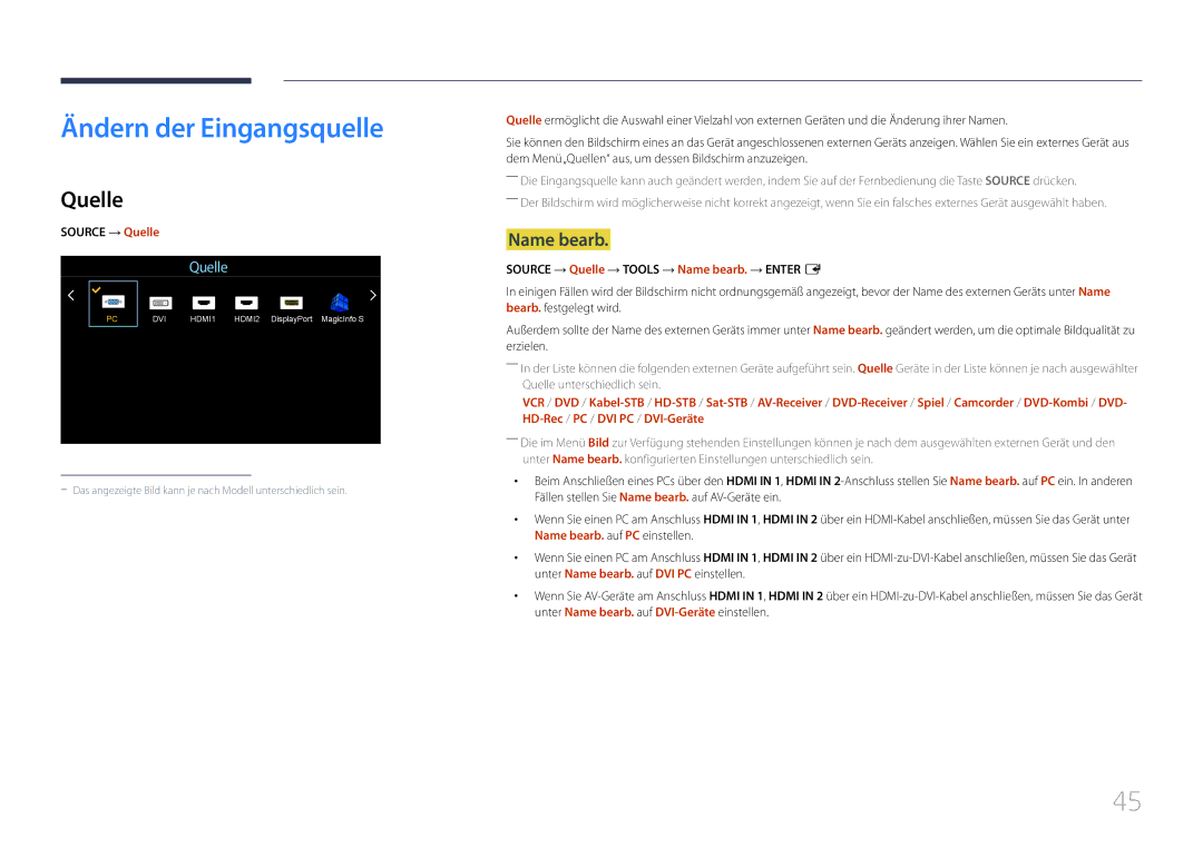 Samsung LH46UDEBLBB/EN, LH55UDEHLBB/EN, LH55UDEBLBB/EN manual Ändern der Eingangsquelle, Name bearb, Source → Quelle 