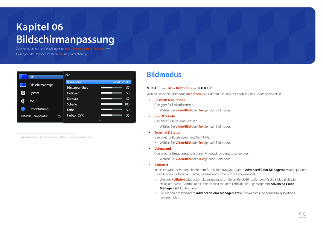 Samsung LH46UDECLBB/EN, LH46UDEBLBB/EN, LH55UDEHLBB/EN manual Bildschirmanpassung, Menu m → Bild → Bildmodus → Enter E 